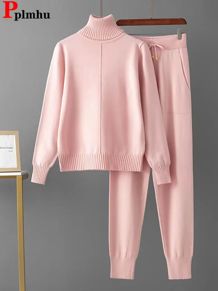 여성용 캔디 컬러 니트 2 피스 세트, 터틀넥 니트웨어, 스웨터 풀오버 상의, 콘준토스, 하이 웨이스트 캐주얼 하렘 바지 복장