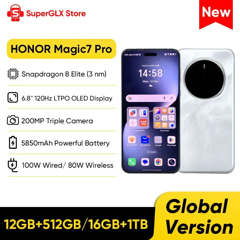 HONOR Magic7 프로 5G 스마트폰 글로벌 버전, 6.8 인치 120Hz OLED 디스플레이, 스냅드래곤 8 엘리트 100W 슈퍼차지 매직 7 프로 폰