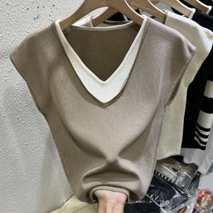 대형 아이스 실크 반팔 티셔츠 여성 여름 루즈 슬림 스타일리시 페이크 투피스 민소매 탑 브이넥 캐주얼 웨어