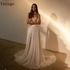 Verngo lvory 시폰 웨딩 원피스, 스트랩리스 A 라인 정장 드레스, 스왑 트레인 신부 가운, 맞춤형