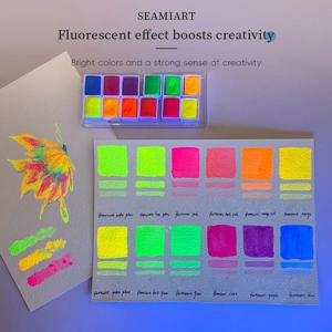 12 형광 색상 단색 수채화 물감 휴대용 네온 수채화 물감 손으로 그린 ​​예술 애호가 전문 그림 도구