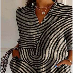 여성 스트라이프 셔츠 데일리 패션 레트로 긴팔 셔츠 칼라 탑 데일리 휴가 나들이 버튼 여름 봄