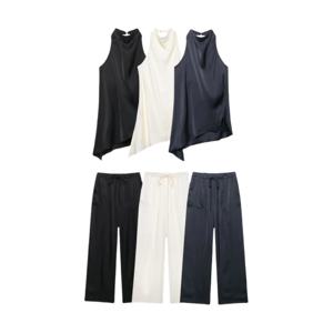 MYST&ZA2025 신상 여름 여성 캐주얼 심플 홀터넥 백리스 민소매 탑 + 드로스트링 와이드 팬츠