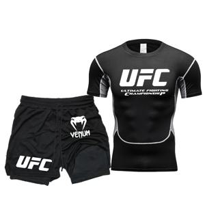 여름 야외 스포츠 피트니스 짧은 소매 거리 조깅 탑 세트 UFC 남자의 새로운 싸움 꽉 탄성 티셔츠 바지 세트