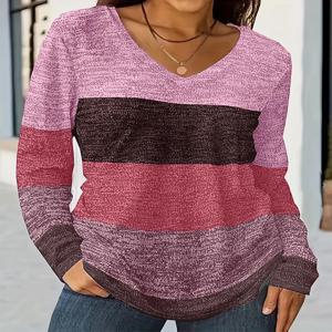 플러스 사이즈 1XL-5XL 여성용 올 시즌 패션 v 넥 컬러 블록 티셔츠 여성 긴 소매 스트라이프 탑 컴포트 의류