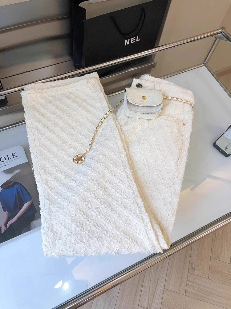 텍스처드 화이트 스트레이트 레그 진 여성용 루즈 와이드 레그 플로어 렝스 팬츠 가을 시즌 캐주얼 하이 웨이스트 데님 원단