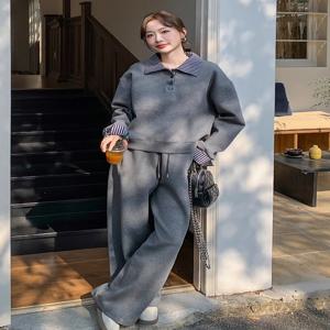 여성용 그레이 캐주얼 스포티 투피스 세트 2025 가을 패션 스웨트셔츠 와이드 레그 팬츠 세트 폴리에스터 섬유 긴팔
