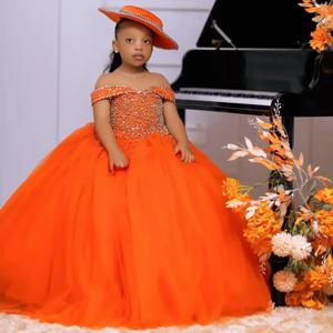 결혼식을위한 오렌지 꽃 소녀 드레스 사진 촬영을위한 크리스탈 공주 볼 가운 아기 소녀 생일 볼 가운 맞춤형