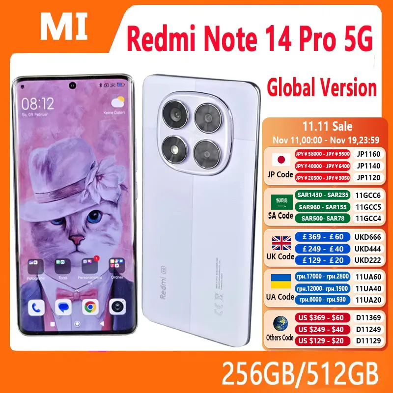 글로벌 버전 샤오미 레드미 노트 14 프로 5G 스마트폰 미디어텍 디멘시티 7300-울트라 200MP AI 카메라 NFC 6.67인치 AMOLED 디스플레이 IP68