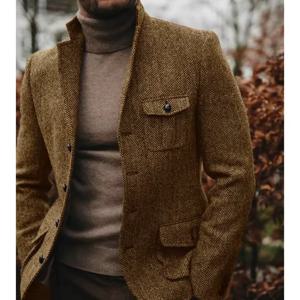 남성 정장 재킷 헤링본 싱글 브레스티드 스탠드 칼라 비즈니스 포멀 의류 캐주얼 블레이저 테이퍼드 웨이스트 패션 슬림 핏 코트