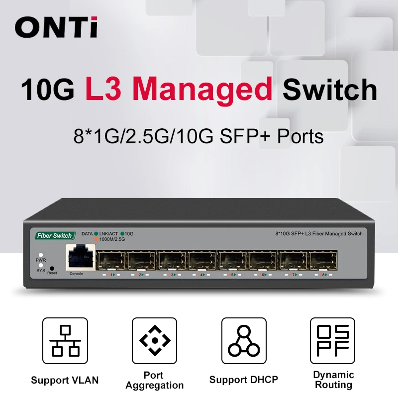 ONTi 8 10Gb SFP+ 포트 L3 관리형 네트워크 스위치 DHCP 및 동적 라우팅 지원 VLAN 분할 및 포트 집계 지원