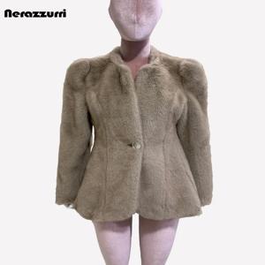 Nerazzurri 여성용 짧은 핏 인조 모피 블레이저, 우아한 럭셔리, 시크, 싱글 단추, 퍼프 슬리브, 푹신한 재킷, 가을, 겨울, 2024
