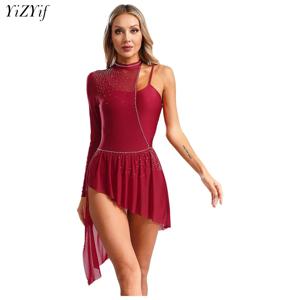 여성 서정적 댄스 의상 컬러 블록 패치 워크 쉬어 메쉬 발레 체조 레오타드 볼룸 현대 현대 댄스 드레스