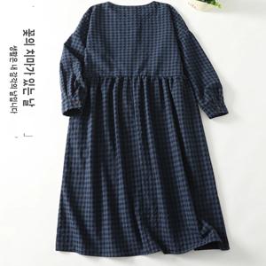 레트로 일본 스타일 체크무늬 드레스 여성 캐주얼 루즈 라운드 넥 롱 드레스 컬러 블록 A라인 스커트 예술적 출퇴근 스타일