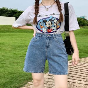 하이웨이스트 와이드 레그 5인치 데님 반바지 여성용 힙 커버 루즈 스트레이트 컷 학생용 5부 팬츠 레트로 스타일