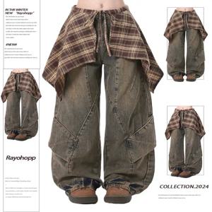 여성 블루 Y2k 청바지 스커트 하라주쿠 빈티지 헐렁한 데님 바지 일본 2000년대 스타일 특대 진 롱 바지 의류 New