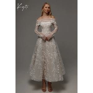 교토 맞춤형 레이스 꽃 분리형 긴 소매 웨딩 드레스 발목 길이 반짝이 vestidos de novia a 라인 공식 가운