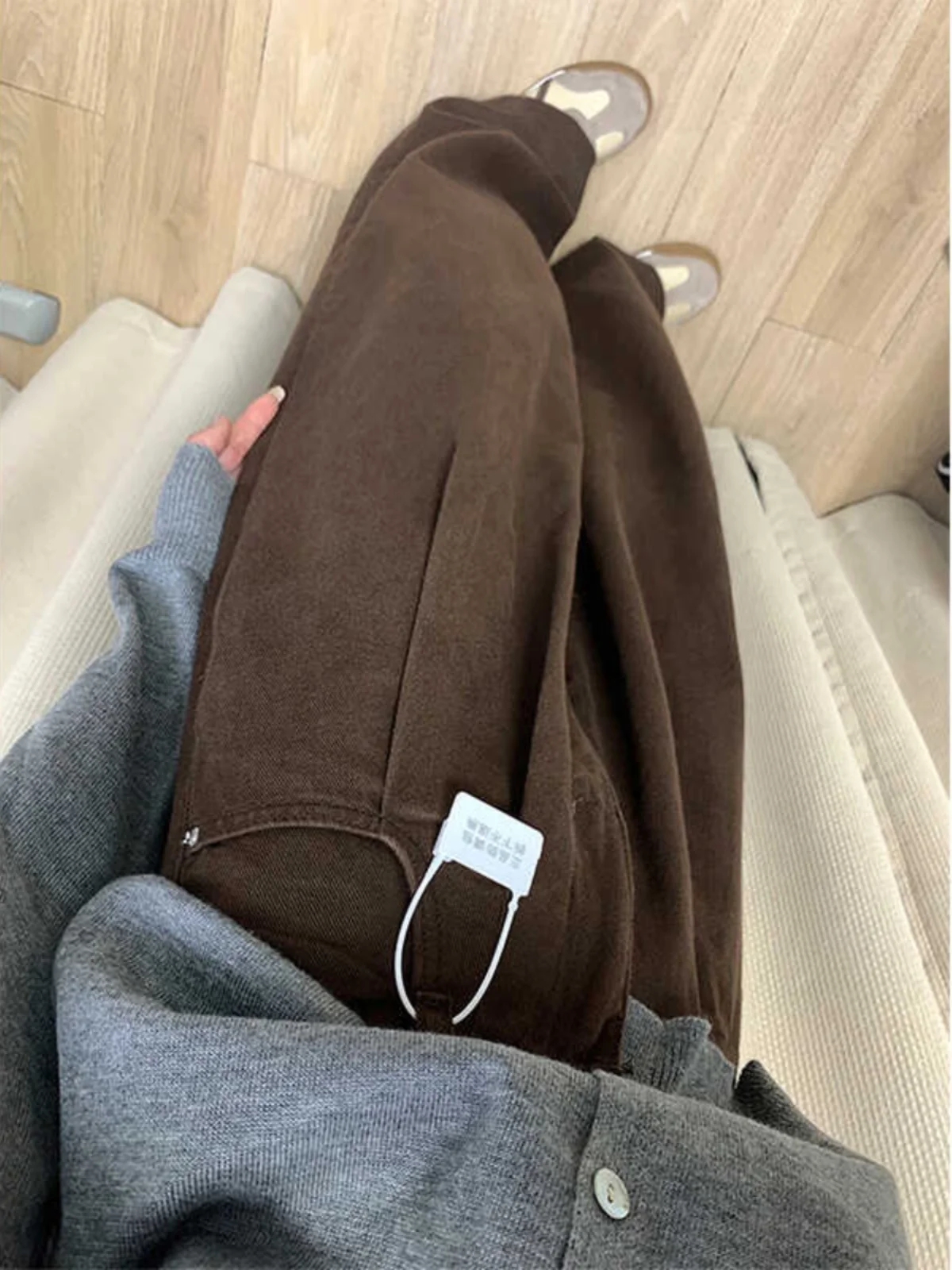 하이웨이스트 루즈핏 여성 데님 진 딥커피 색상 플러스 사이즈 배형 체형용 구김 방지 롱 팬츠 가을 신상