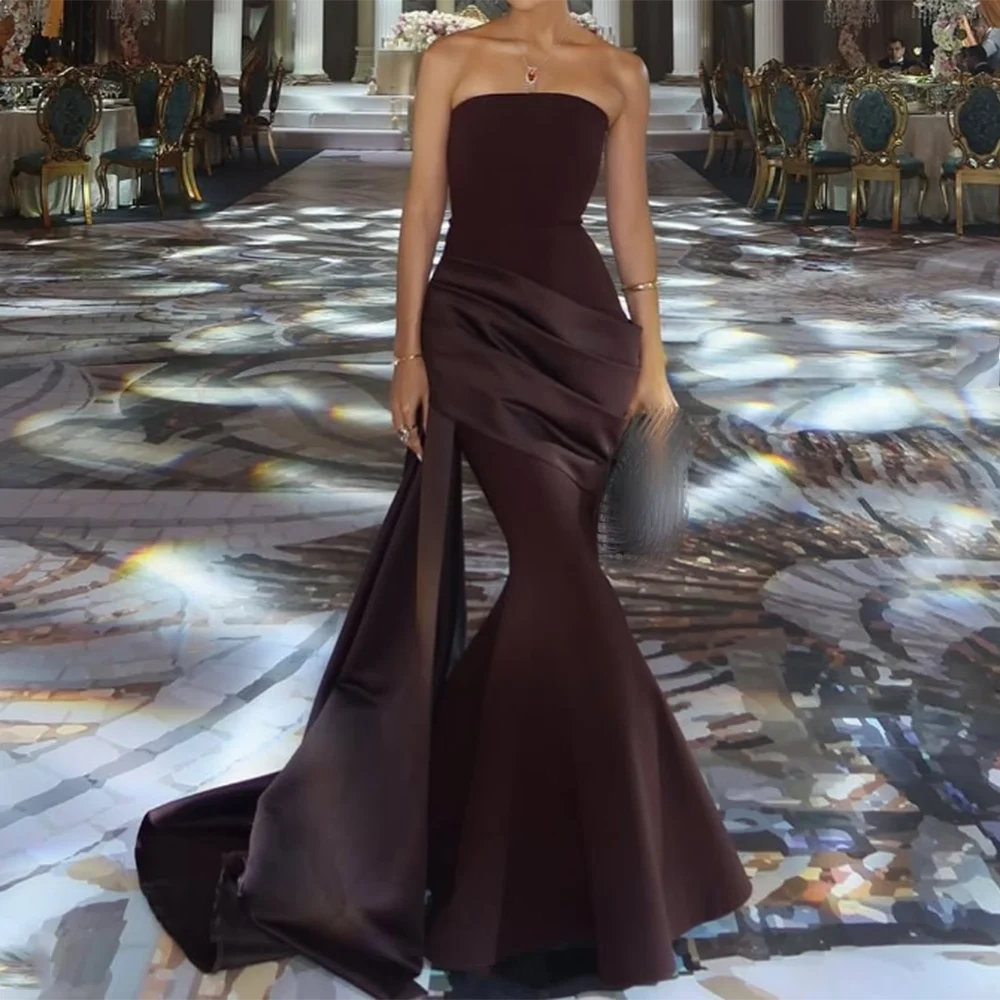 맞춤형 Strapless 정장 이브닝 드레스 Backless Pleat 바닥 길이 새틴 댄스 파티 드레스 긴 민소매 인어 파티 드레스