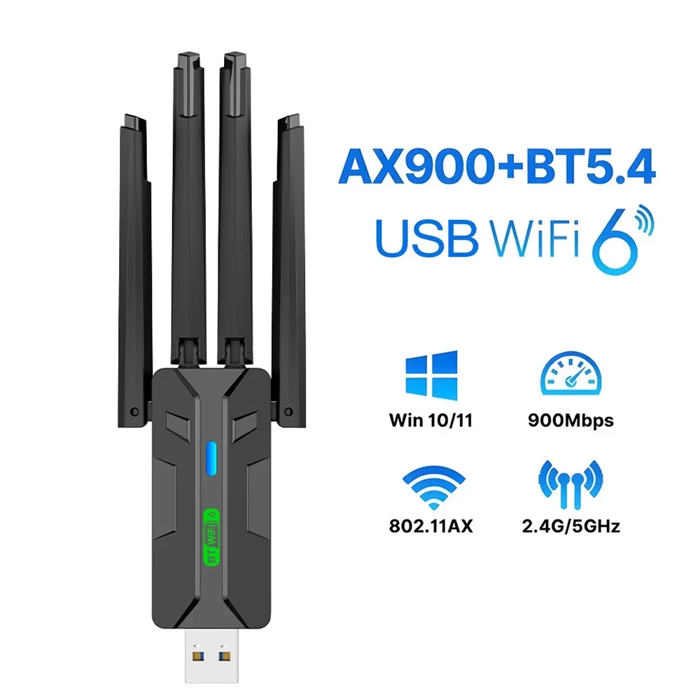WiFi 6 AX900 USB 어댑터 블루투스 5.4 듀얼 밴드 2.4G 5G 4 안테나 WiFi6 USB 네트워크 수신기 동글 드라이버 무료 윈도우 10/11