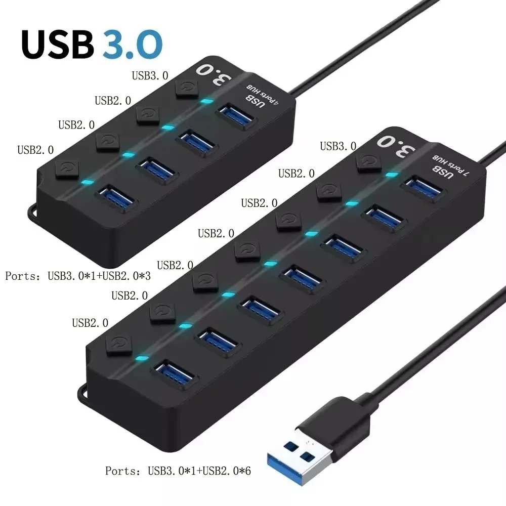 4/7포트 USB 3.0 허브(LED 표시기 포함) 노트북 플래시 드라이브 하드 디스크 프린터 카메라 키보드용 독립 스위치 제어