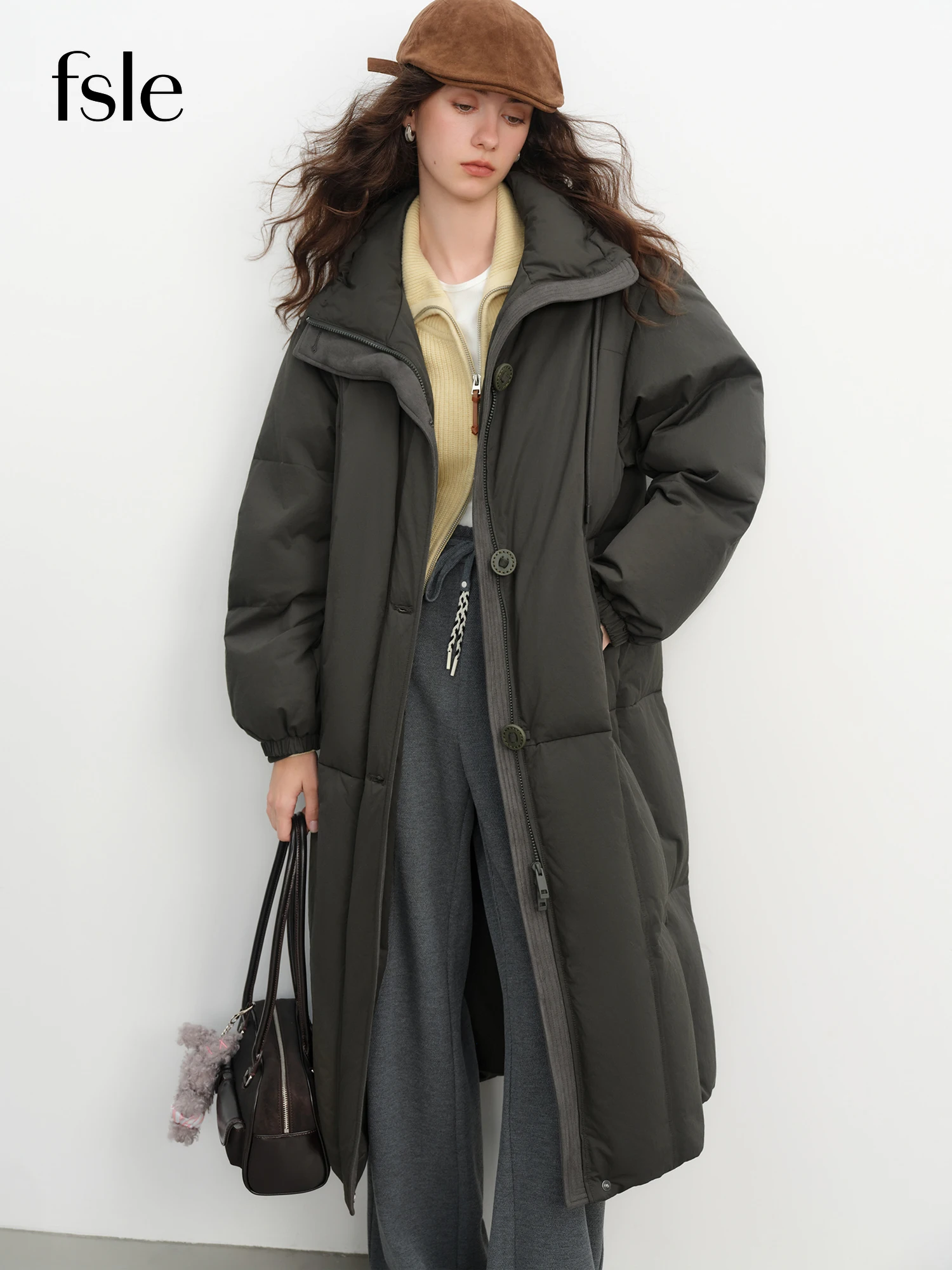 FSLE 겨울 여성용 중간 길이 패딩 다운코트 스탠드 칼라 한국 스타일 루즈핏 다운 재킷 따뜻하고 부드러운 외투