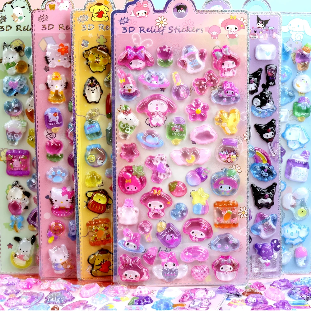 귀여운 산리오 만화 3D 입체 스티커 쿠로미 마이멜로디 크리스탈 데칼 장난감 방수 어린이 보상 스티커 선물