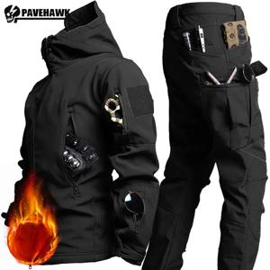 두꺼운 따뜻한 세트 망 겨울 멀티 포켓 후드 전술 재킷 + 방수 X7 전투 바지 2 피스 야외 방풍 기차 양복