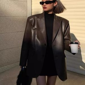 여성 블랙 브라운 부드러운 PU 가죽 블레이저 어깨 패드 긴 소매 싱글 브레스트 루즈 캐주얼 자켓 탑 한국 패션 코트