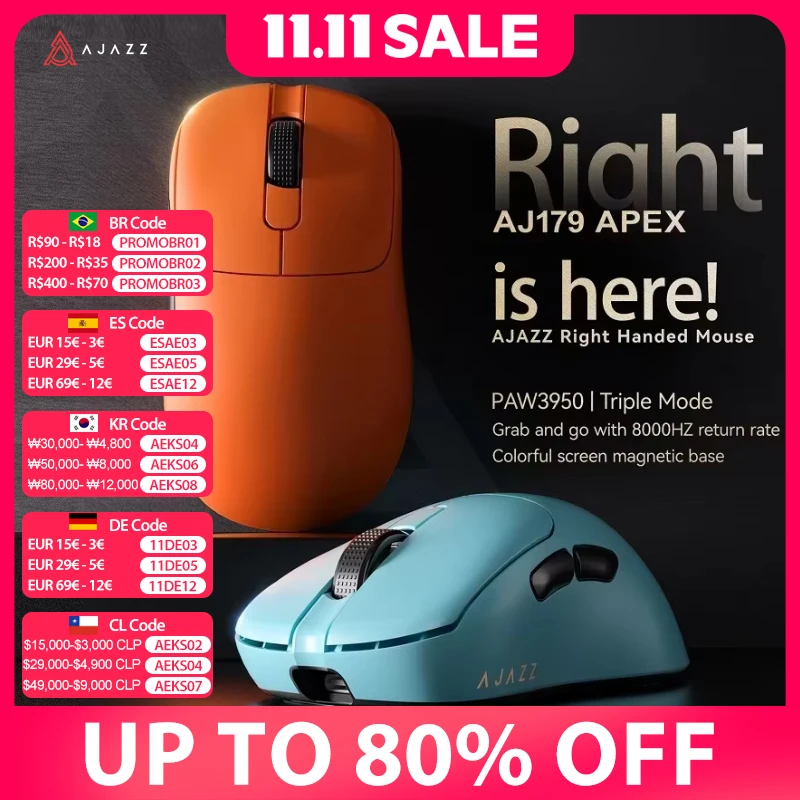 AJAZZ 무선 게이밍 마우스 오른손잡이 인체 공학적 마우스, RGB 마그네틱 스크린 충전 베이스 포함, AJ179 APEX PAW3950, 3000DPI 8Khz