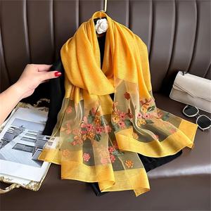 여성 실크 울 스카프 꽃 자수 Hijab 여성 풀라 봄 여름 얇은 Pashmina Shawls 랩 Bufanda Headscarf Stoles