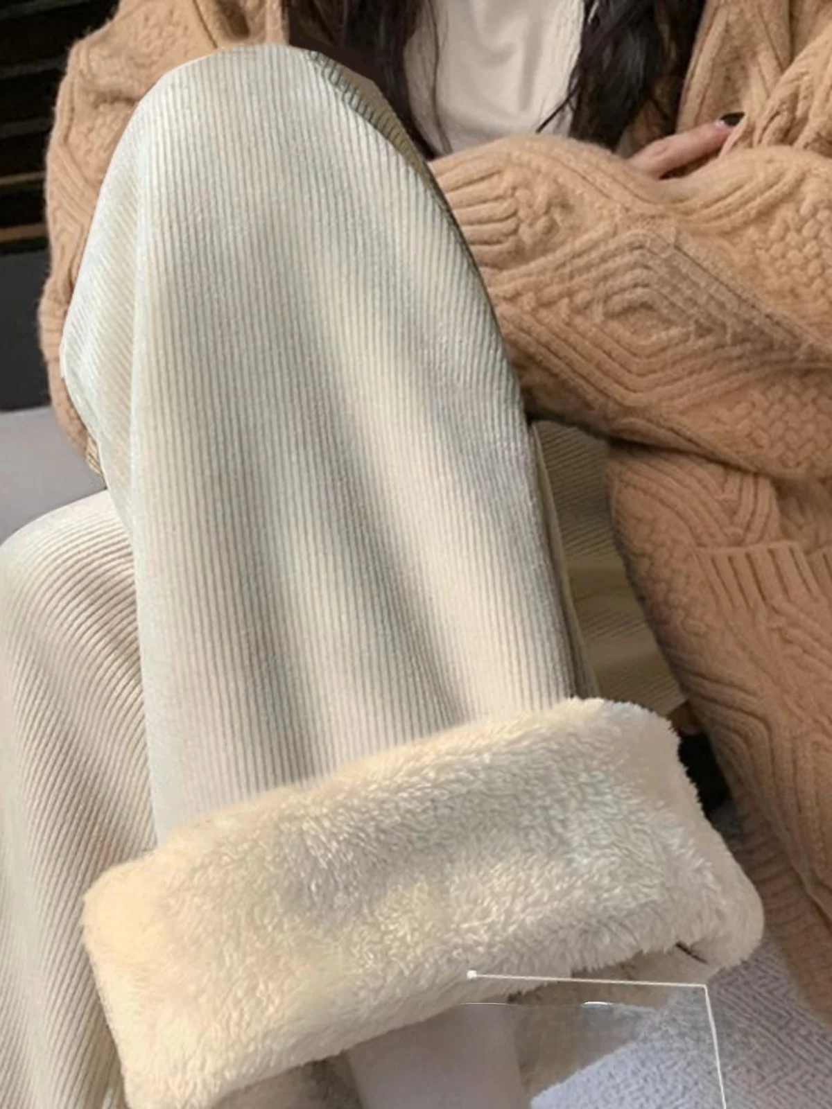 하이웨이스트 플리스 안감 와이드 레그 팬츠 여성 캐주얼 코튼 벨벳 가을 겨울 슬림핏 루즈핏 한국 스타일 출퇴근 팬츠