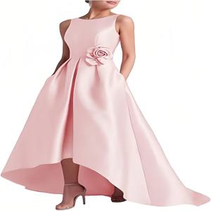 신부 드레스의 새틴 하이 로우 어머니 크루 넥 정장 드레스 주머니가있는 라인 우아함 웨딩 게스트 드레스