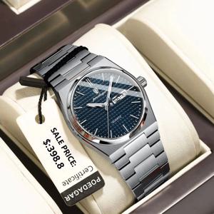 포에다가 명품 비즈니스 남성용 쿼츠 시계 날짜 요일 스테인리스 스틸 방수 야광 패션 남성 손목시계+박스