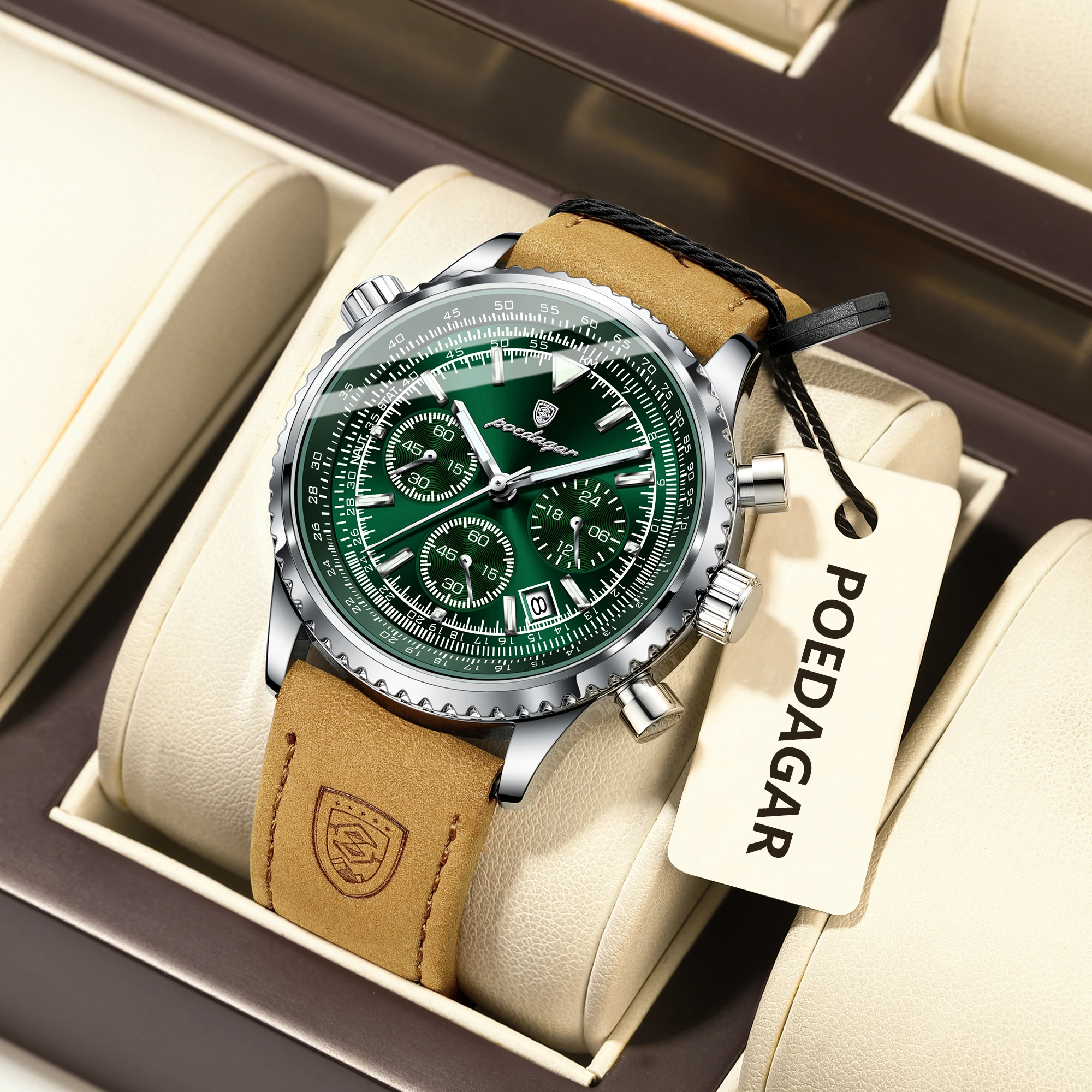 포에다가 명품 비즈니스 남성용 시계 방수 야광 날짜 크로노그래프 가죽 남성 시계 패션 쿼츠 시계 남성용 레로즈