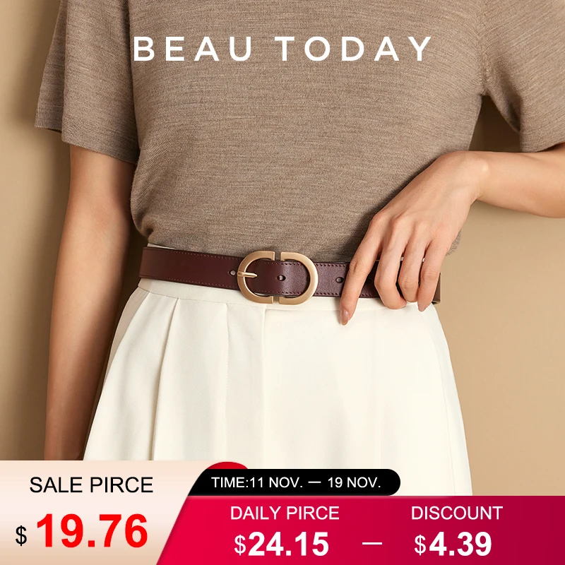 BEAUTODAY 여성용 진짜 암소 가죽 벨트, 금속 타원형 버클, 레트로 심플한 단색 청바지 드레스 허리띠, 수제 91012