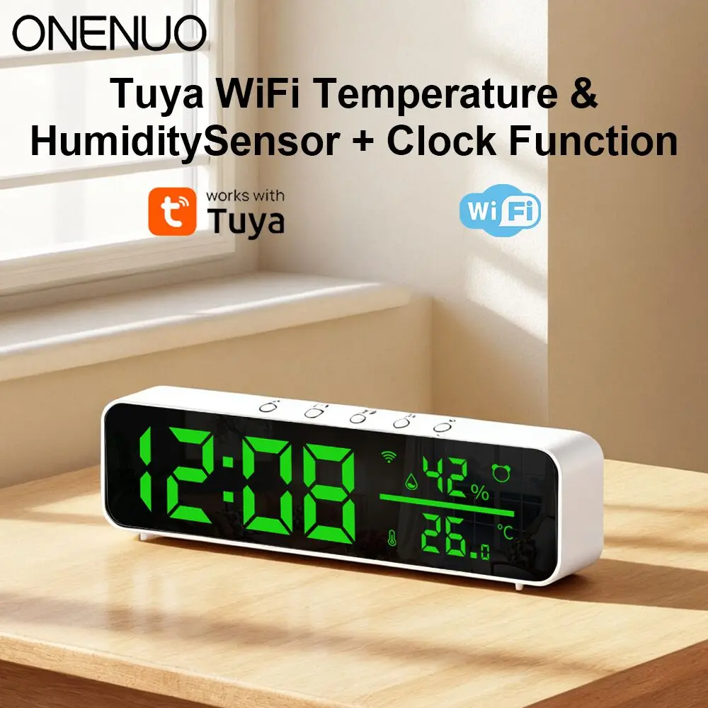 투야 스마트 와이파이 온습도 센서, 시간 알람 시계 표시, USB 미러 LED 시계, 거실 장식용