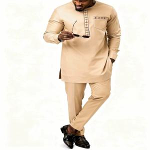 럭셔리 수 놓은 남자 Temos 웨딩 바지 셔츠 투피스 양복 드레스 솔리드 컬러 긴 소매 파티 아프리카 민족 스타일