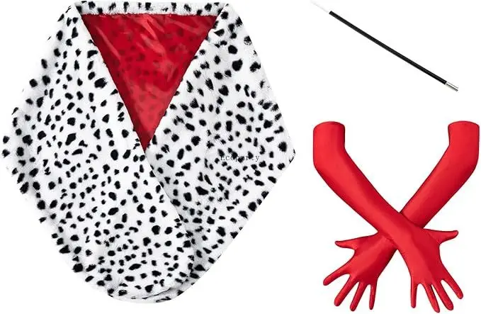 3 Pcs 여성 할로윈 Deville 코트 의상 달마시안 목도리 스카프 코스프레 액세서리 할로윈 의상 1920 년대 1950 년대 의상 세트