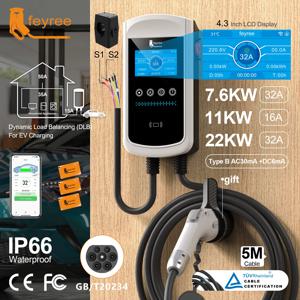 Feyree GB/T EV 충전기, 동적 부하 블랜싱 월박스, 4.3 인치 LCD 와이파이 앱 충전 통나무, 11KW, 22KW, 3P 충전 스테이션, 7.6KW, 32A