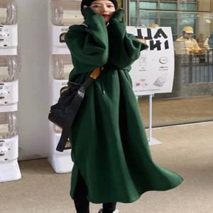 플러스 사이즈 여성용 플리스 안감 두꺼운 따뜻한 후드 원피스 300파운드 캐주얼 긴 소매 중간 길이 A라인 스커트 스타일 겨울 원피스