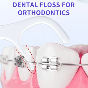 교정기용 치아교정 치실, 치간 치실 선택, 스레드 이중 라인이 있는 플라스틱 이쑤시개, 패밀리 사이즈