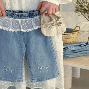 한국 스타일 여자 어린이 의류 봄 패션 베이비 블루 데님 레이스 트림 와이드 레그 팬츠 면 00% 롱 팬츠