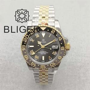 BLIGER 40mm 고급 투톤 남성용 GMT 기계식 시계 사파이어 글라스 세라믹 블랙 그레이 베젤 로즈 로만 인덱스 남성 시계