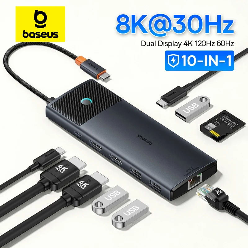 베이스어스 USB C 허브 듀얼 HDMI 8K 4K 어댑터 10-in-1 USB 3.2 10Gbps 분배기 RJ45 SD TF 타입 C PD 100W 맥북 프로 에어 허브용