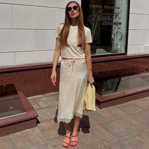 Linad 우아한 새틴 레이스 Mid-Calf 스커트 여성 살구 스트리트 세련된 스트레이트 롱 스커트 여름 캐주얼 드로우 스트링 스커트 2025 가을