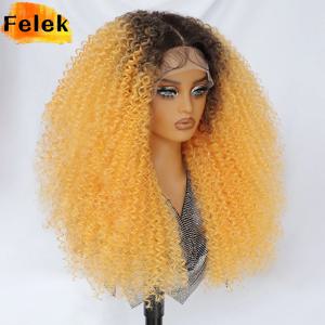 긴 아프로 곱슬곱슬한 합성 가발 24인치 제리 컬 딥 파트 레이스 프론트 가발 여성용 옴브레 블루 구리 613 하이라이트 가발