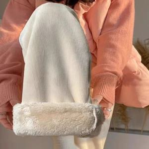 두꺼운 양털 벨벳 와이드 레그 팬츠 여성용 가을 겨울 플리스 안감 캐주얼 스트레이트 컷 팬츠 하이 웨이스트 나인 포인트