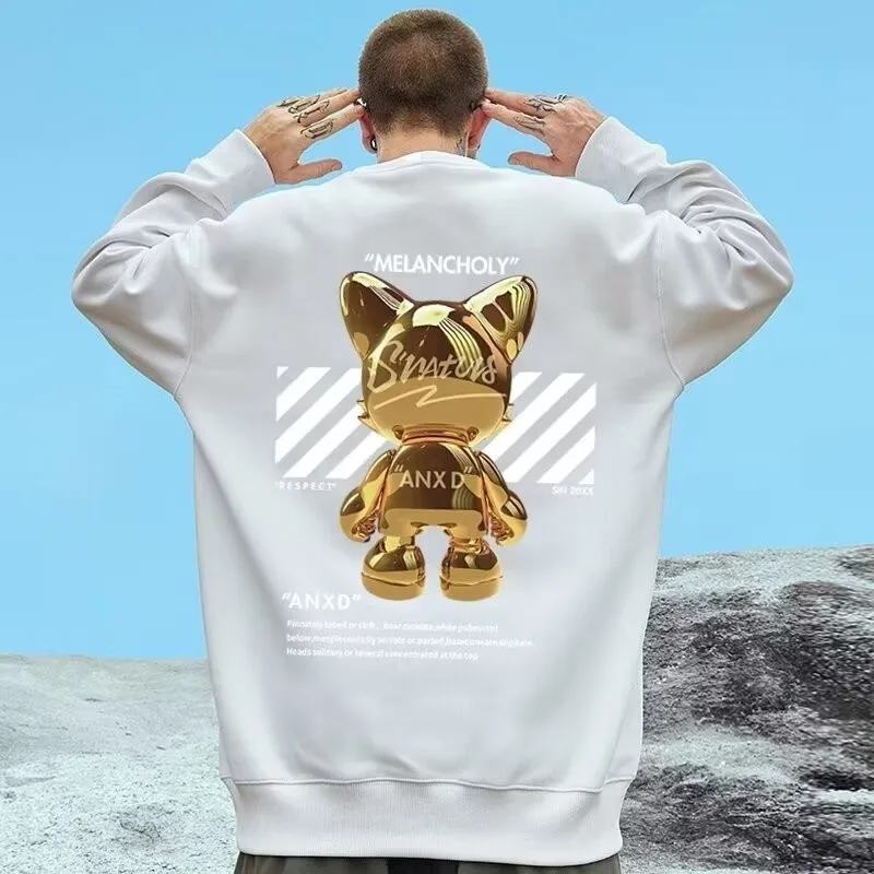 [M-8XL 스웨트셔츠] 남성 오버사이즈 스웨트셔츠 패션 루즈한 아메리칸 패션 고양이 장식품 프린트 긴 소매 커플 의류