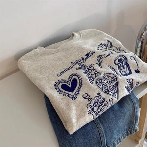 한국 패션 여성용 그레이 자수 라운드 넥 짧은 스웨터 가을 긴 소매 휴가 풀오버 탑 캐주얼 인기